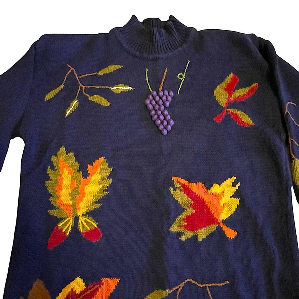 Hasting & Smith Vintage Intarsia Sweater Fall Leaves Grapes Cotton Ramie Size M - Picture 4 of 15
